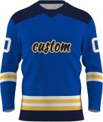 Royal blue and navy custom sublimated hockey jersey with gold stripes