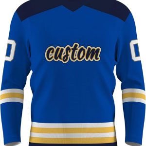 Royal blue and navy custom sublimated hockey jersey with gold stripes