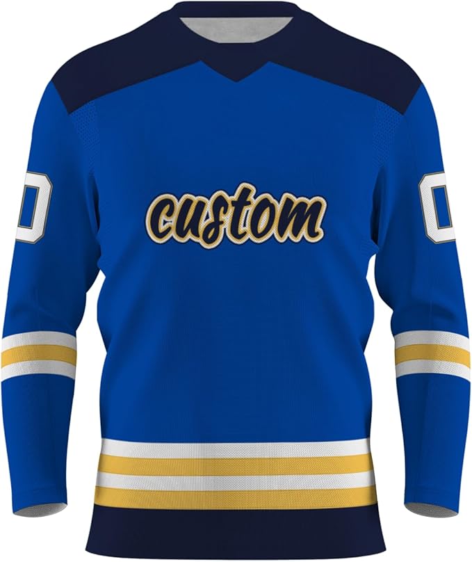 Royal blue and navy custom sublimated hockey jersey with gold stripes Royal blue and navy custom sublimated hockey jersey with gold stripes