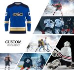 Royal blue and navy custom sublimated hockey jersey with gold stripes