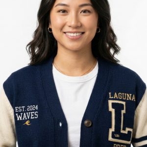 Custom Varsity Cardigan Sweater with Embroidered School Logo and Graduation Year