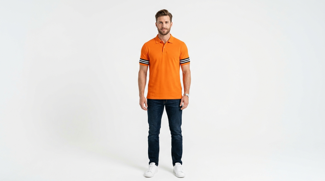 mens-orange-polo-shirt-striped-cuffs Man wearing a premium men's vibrant orange polo shirt with bold black and white striped sleeve cuffs