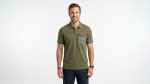 Man wearing a premium men's olive green polo shirt featuring a contrast chest pocket with a topographic map design and flap button closure