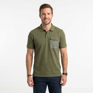 Man wearing a premium men's olive green polo shirt featuring a contrast chest pocket with a topographic map design and flap button closure