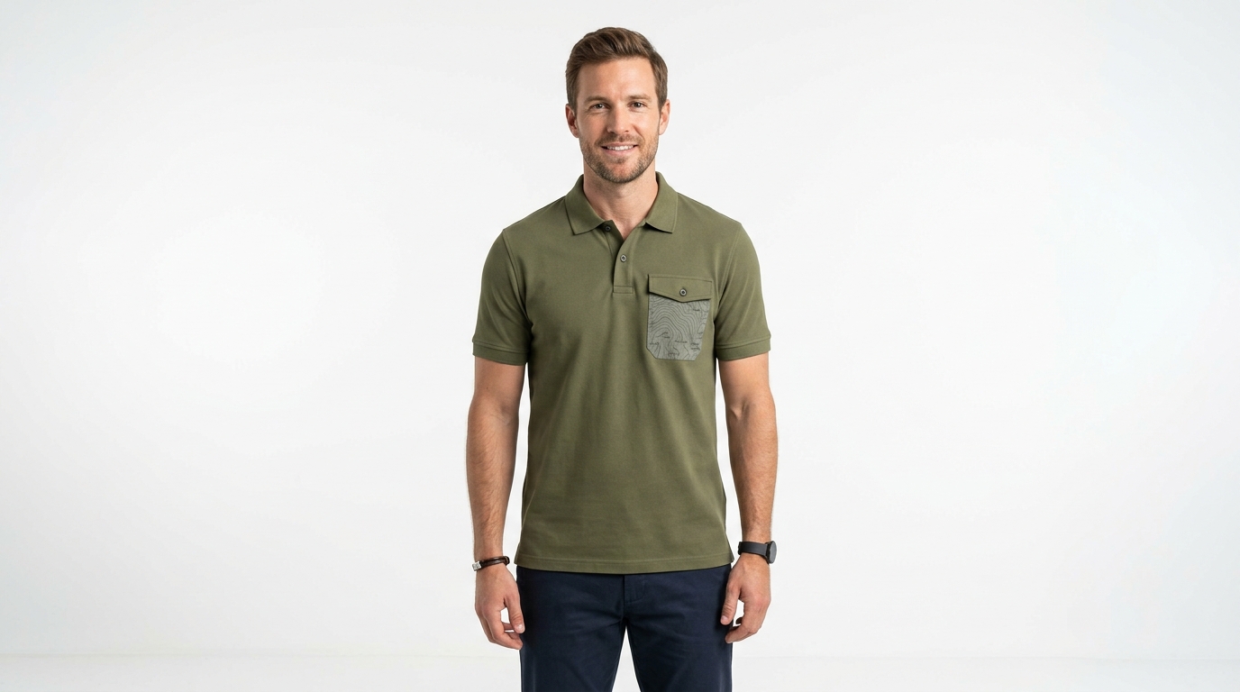 mens-olive-green-polo-shirt-topographic-pocket Man wearing a premium men's olive green polo shirt featuring a contrast chest pocket with a topographic map design and flap button closure