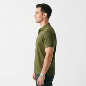 Man wearing a premium men's olive green polo shirt featuring a contrast chest pocket with a topographic map design and flap button closure