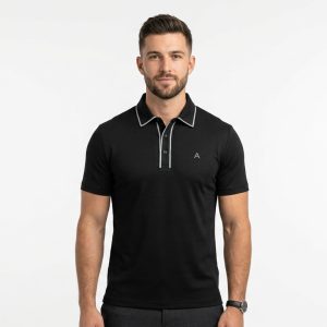 Man wearing a premium men's obsidian black polo shirt with a silver tipped collar and an embroidered A logo on the chest