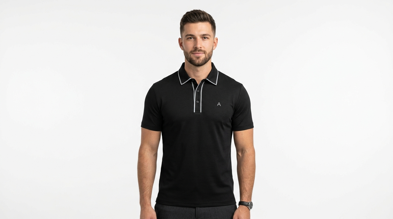 mens-black-polo-shirt-silver-trim Man wearing a premium men's obsidian black polo shirt with a silver tipped collar and an embroidered A logo on the chest