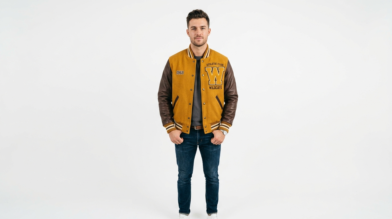 Male_model_wearing_varsity_jacket_202607042346 Wildcats Varsity Letterman Jacket